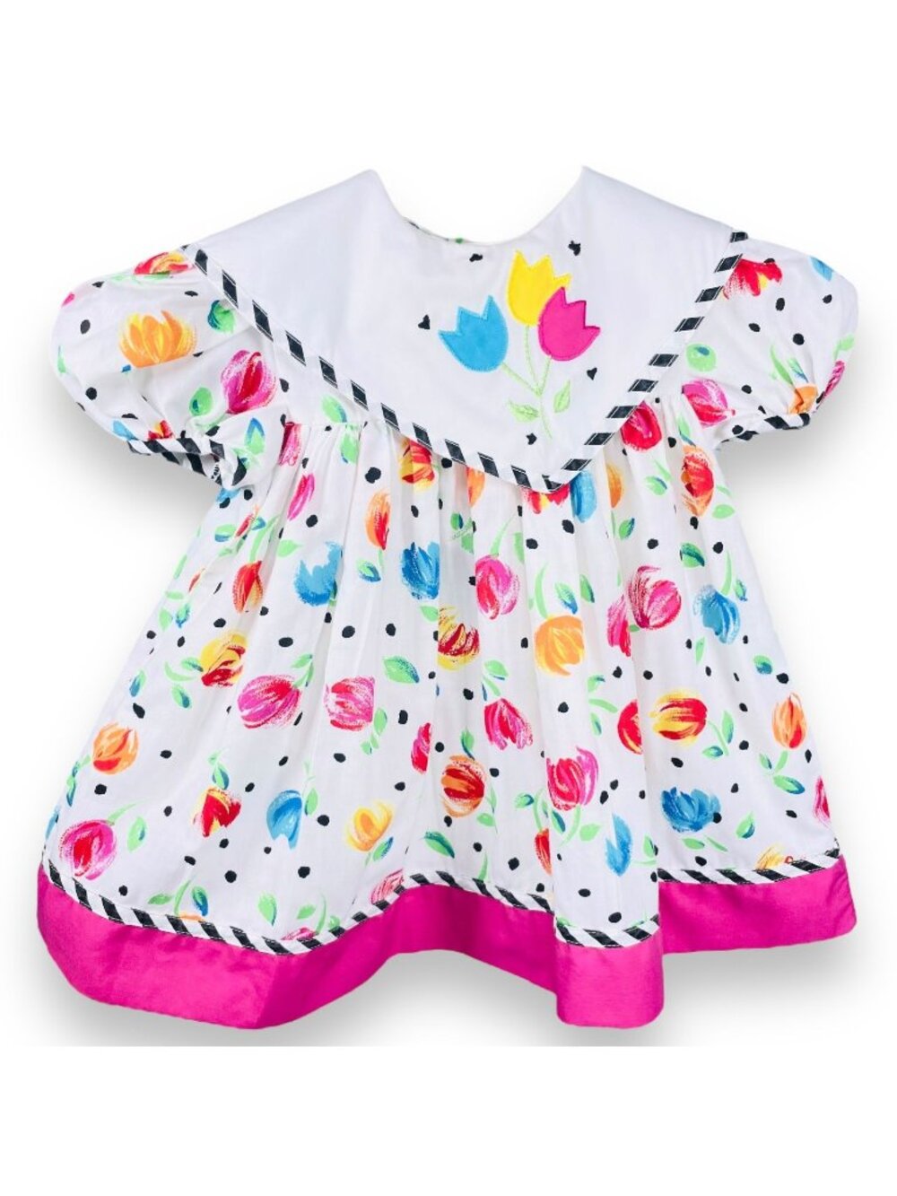 Vintage Girls Watercolor Floral Puff Sleeve Collared Dress 18m / 24m